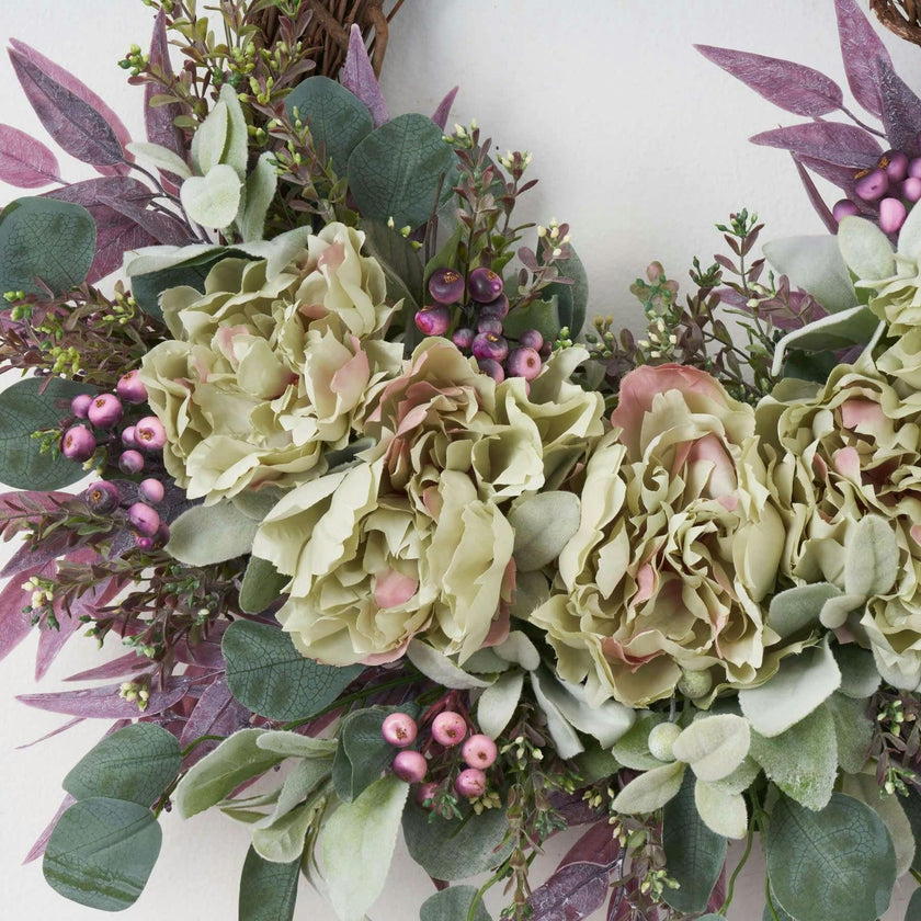 Purple Seeded Boxwood, Eucalyptus & Peony Spring Summer Front Door Wreath