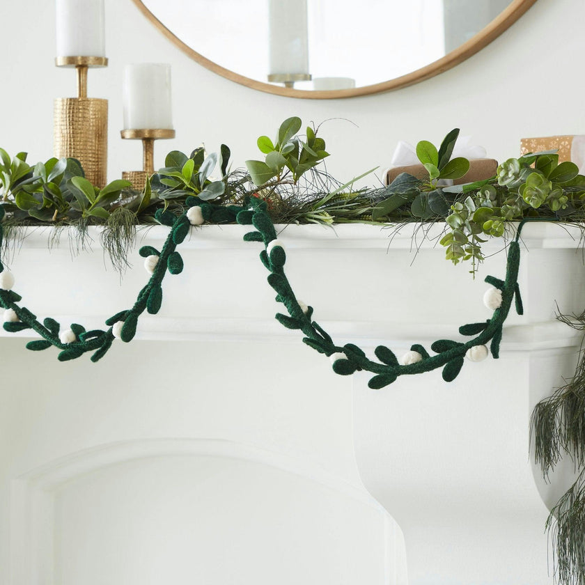 Handmade Christmas Garland and Bunting - Cream Velvet Balls and Felt Mistletoe - 6'