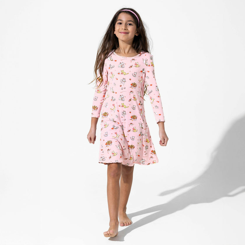 Valentines Kittens Bamboo Girls' Long Sleeve Dress
