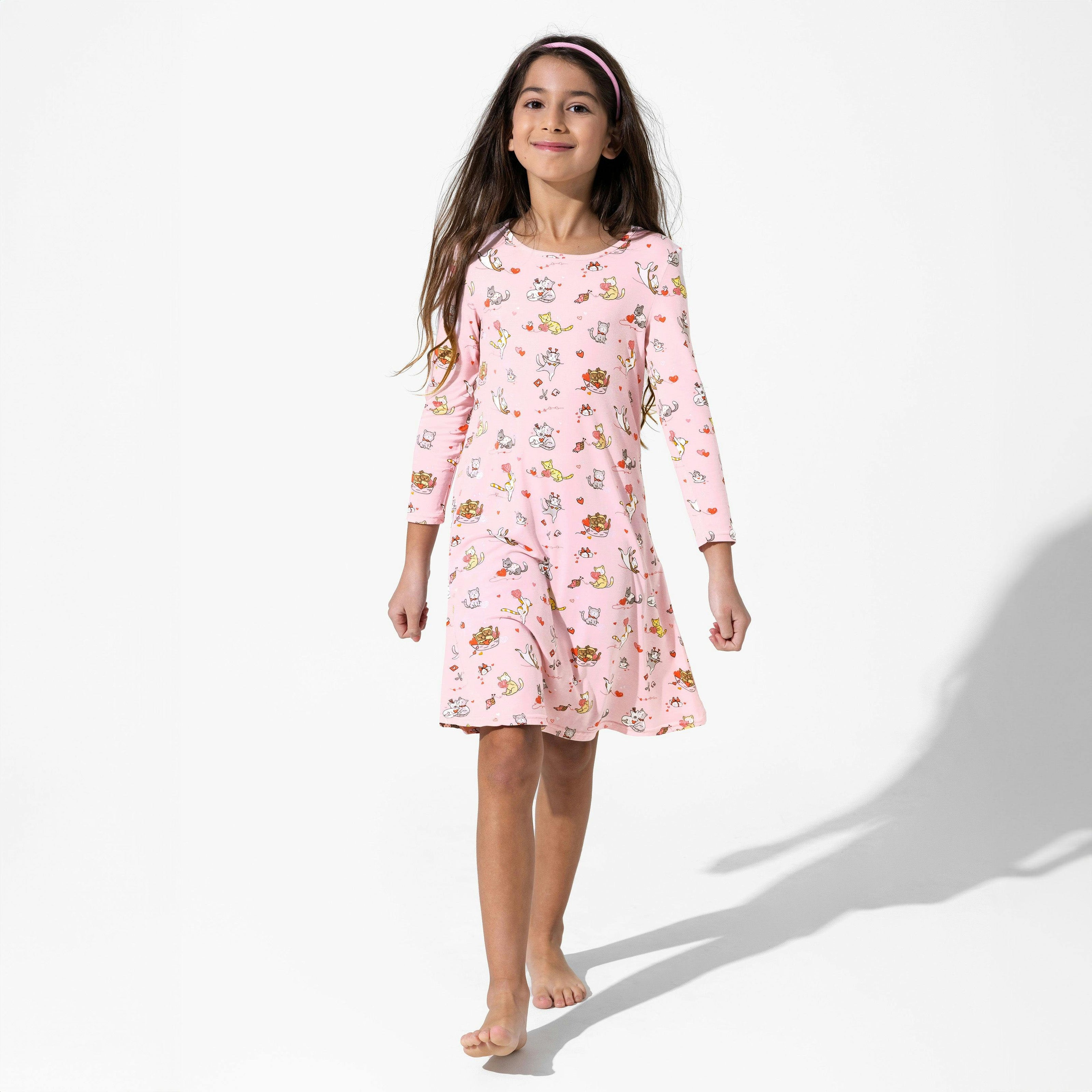 Valentines Kittens Bamboo Girls' Long Sleeve Dress