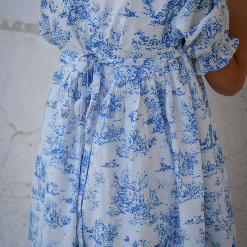 Aoki Blue Toile Dress | Short Sleeve