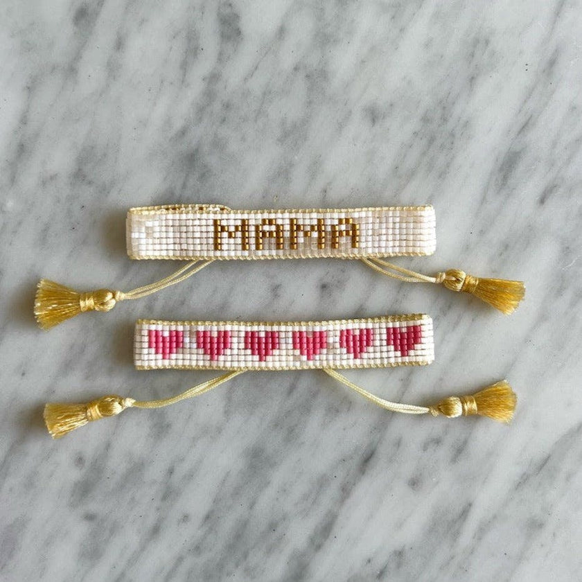 Mini & Me: Small White & Gold MAMA + Pink Kids Hearts Beaded Bracelet Set