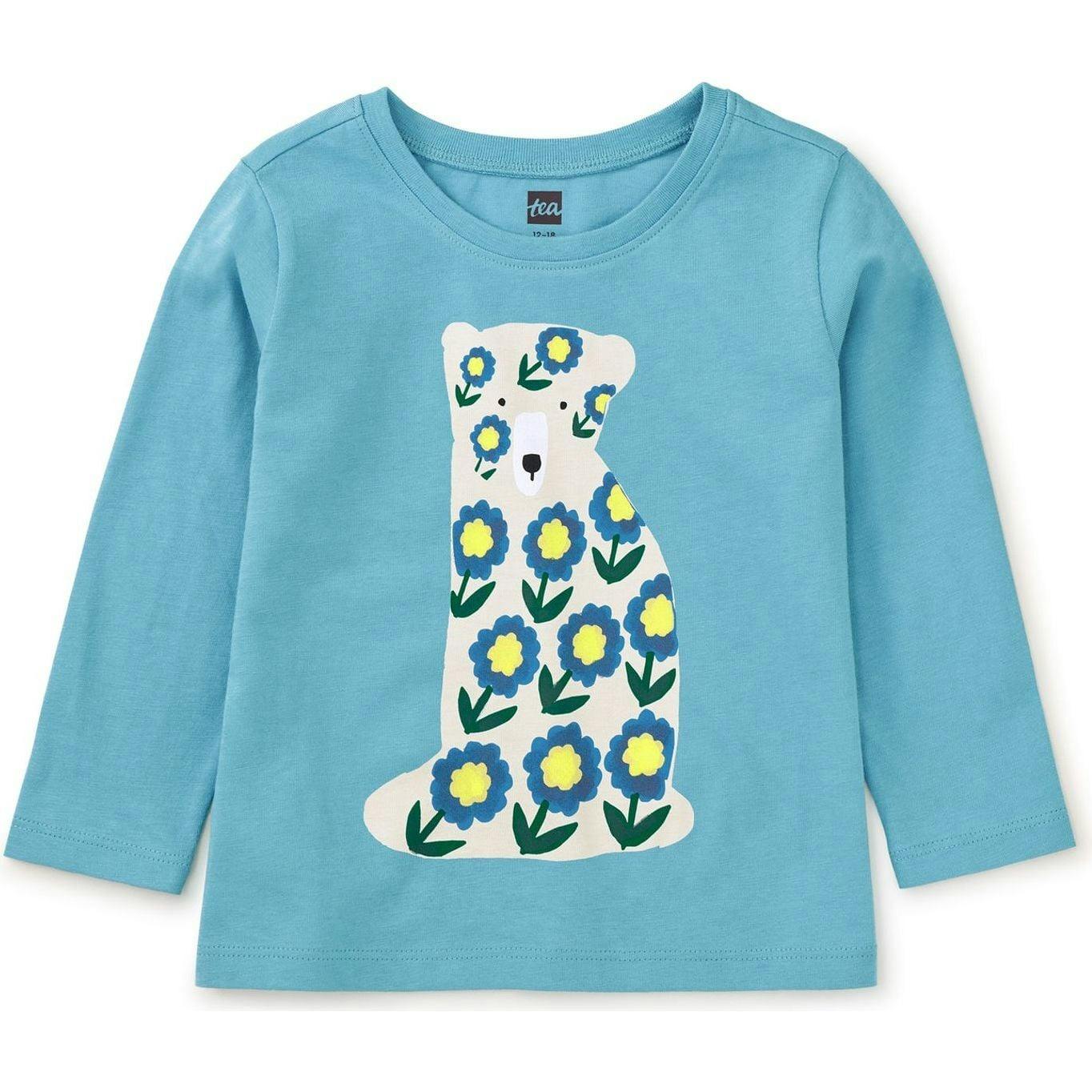 Flower Graphic Print Crew Neck Long Sleeve T-Shirt, Blue