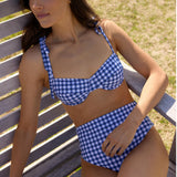 women's navy picnic gingham high waisted bikini bottom