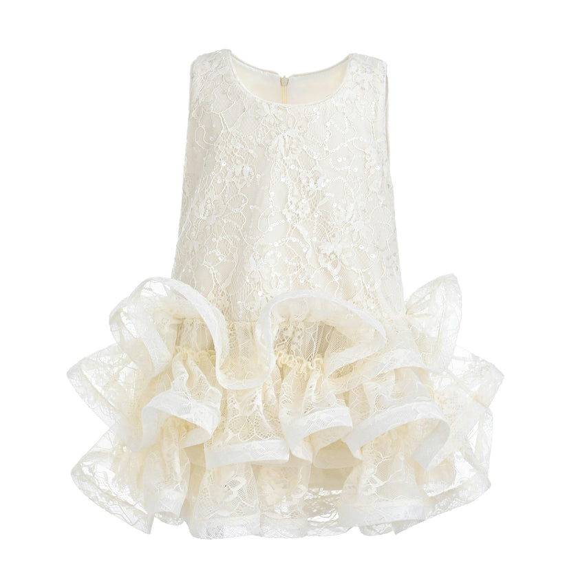 Cream Yelena Lace Ruffle Dress