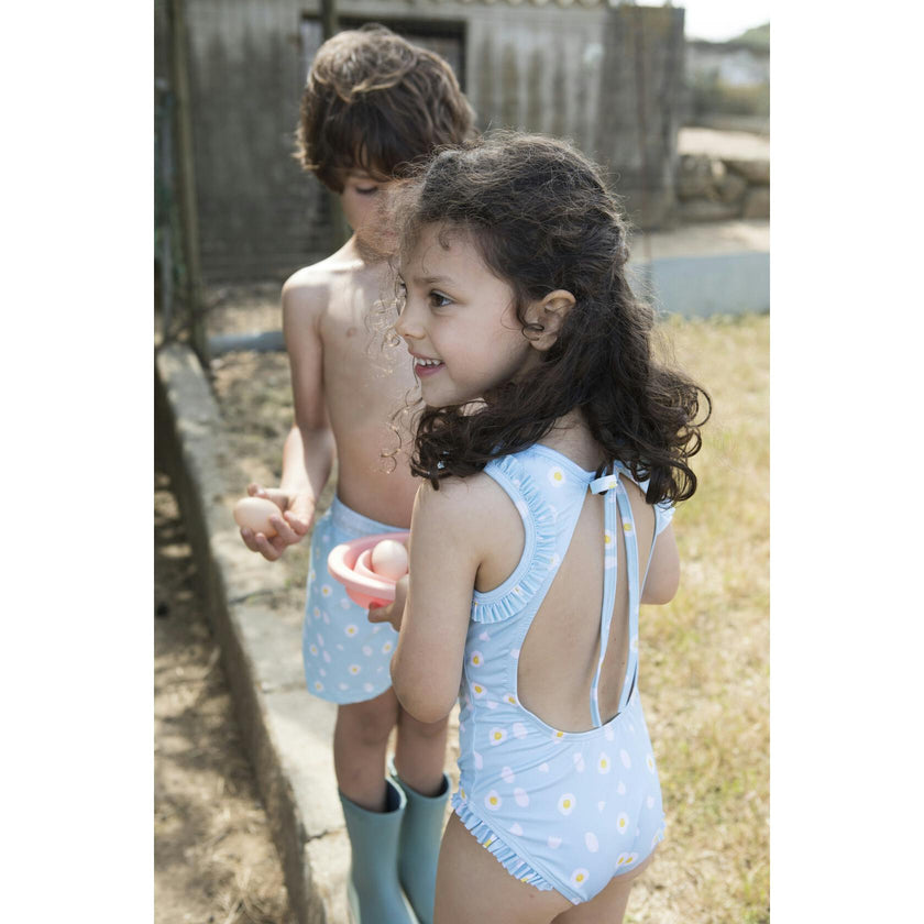 Eggs Print Ruffle Shoulder Swimsuit, Blue