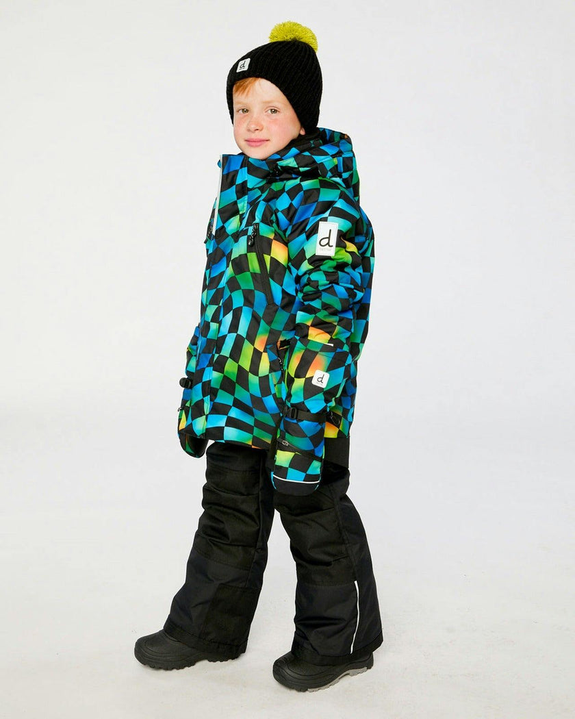 Two Piece Play Snowsuit Green Yellow And Blue Checkerboard With Black Pants