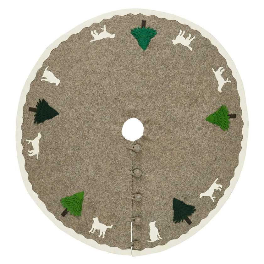 Cream Dogs and Green Trees Christmas Tree Skirt Gray Hand Felted Wool - 60" / 72"