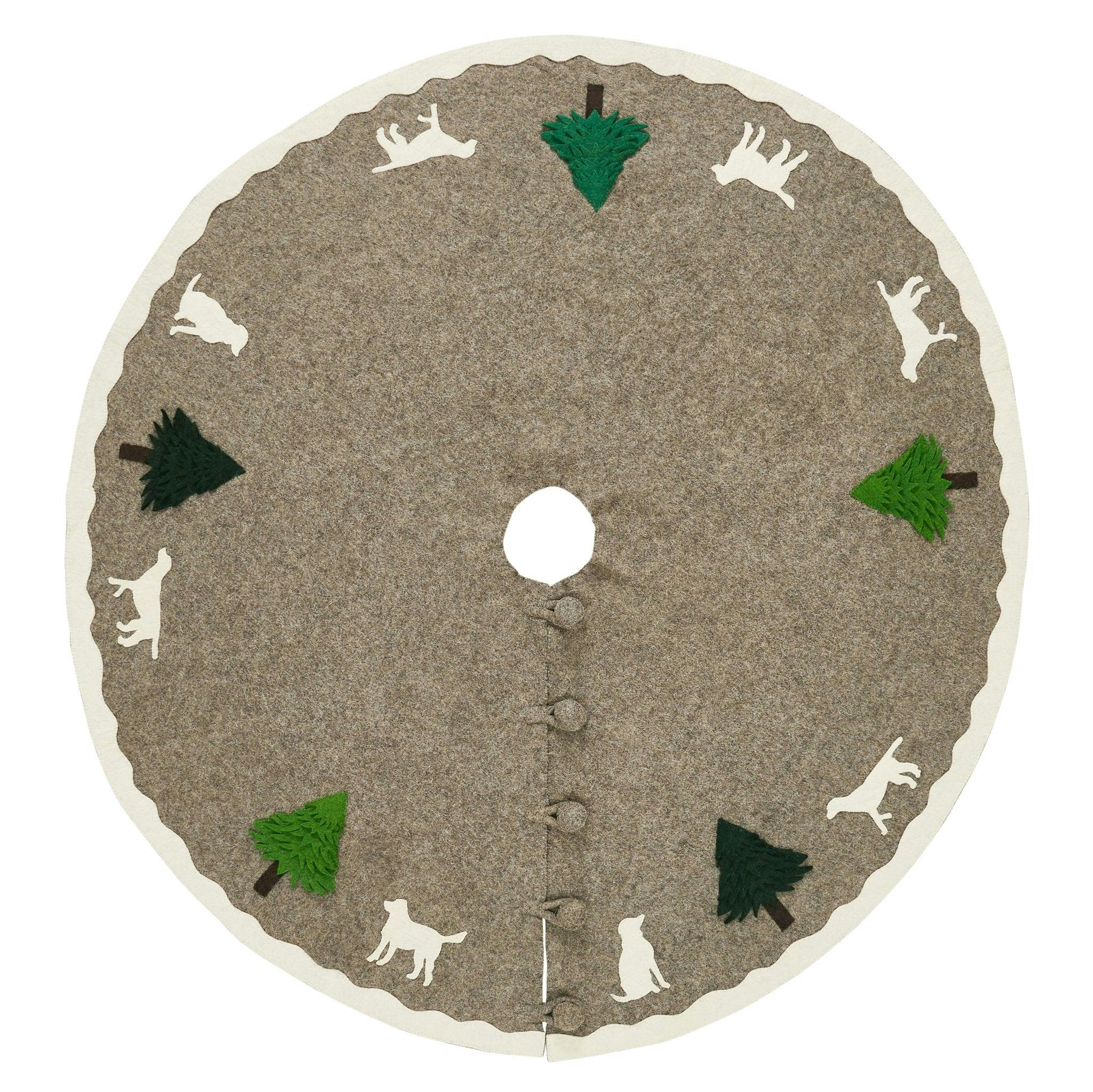 Cream Dogs and Green Trees Christmas Tree Skirt Gray Hand Felted Wool - 60