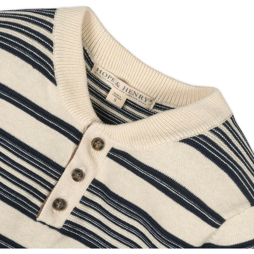Organic Long Sleeve Henley Pullover Sweater with Elbow Patches, Blue