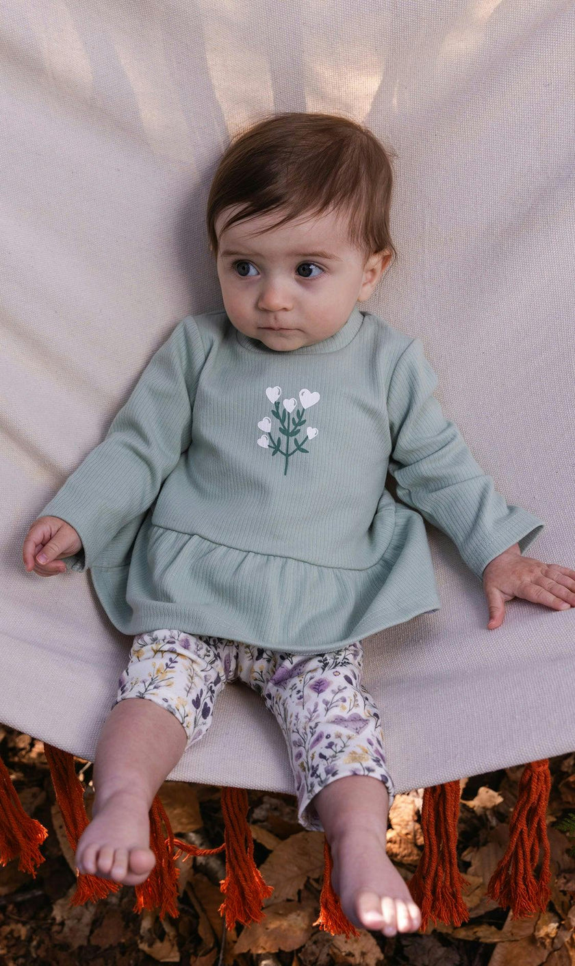 Organic Cotton Peplum Tunic And Legging Set Green And Beige Heart Print