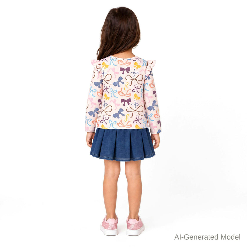Girls Bow Print Top & Pleated Denim Skirt Set | Multi Bows - Pink