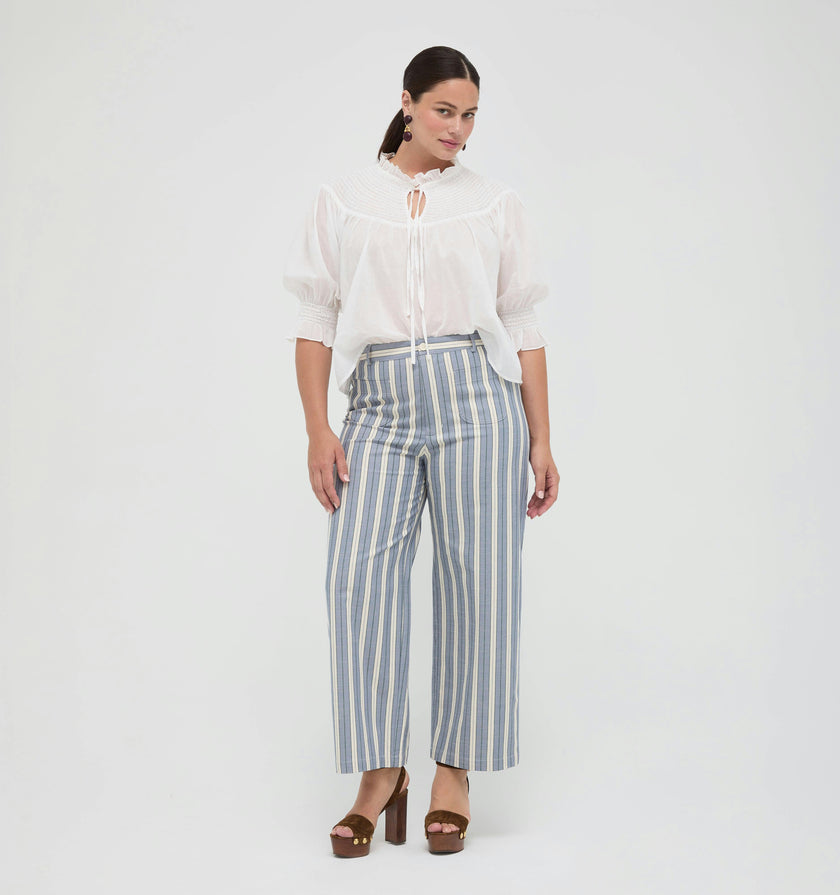 The Mindy Pant -  Coln Ticking Stripe Dusty Blue