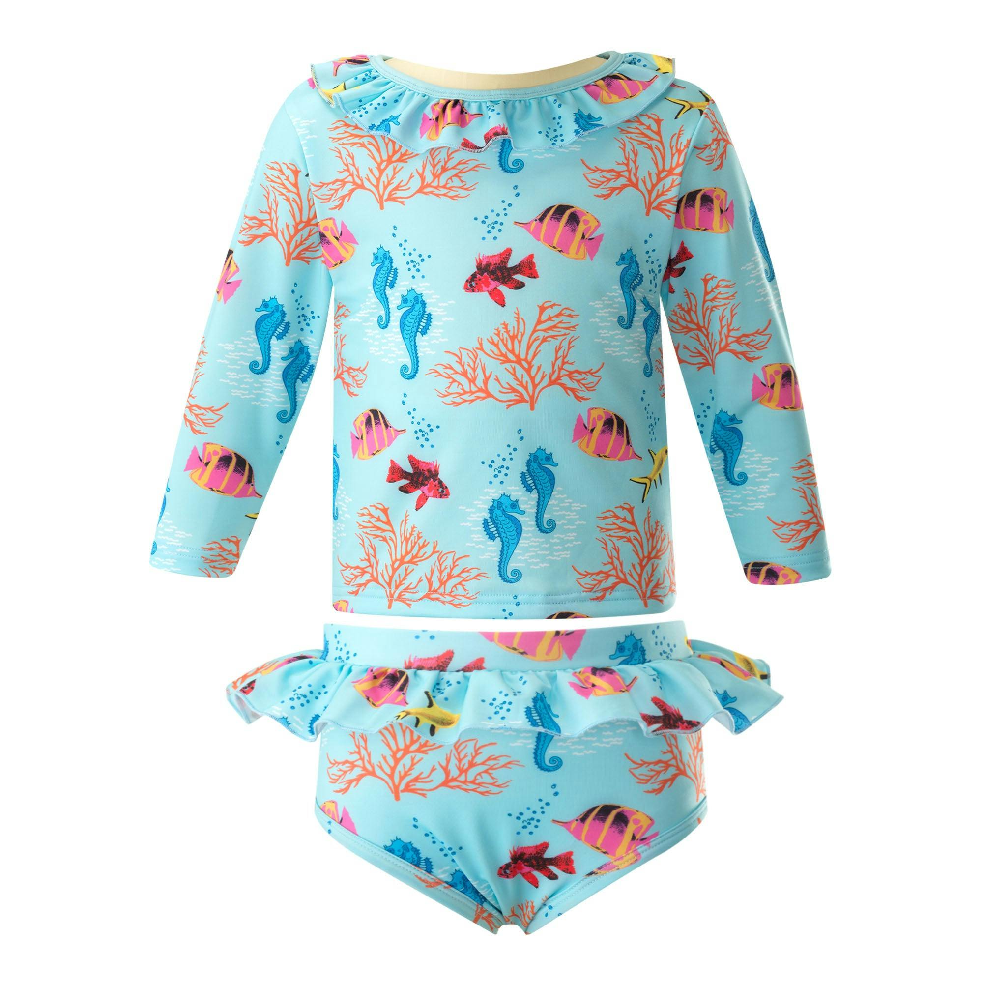 Coral Reef Print Long Sleeve Two-Piece Rashguard Set