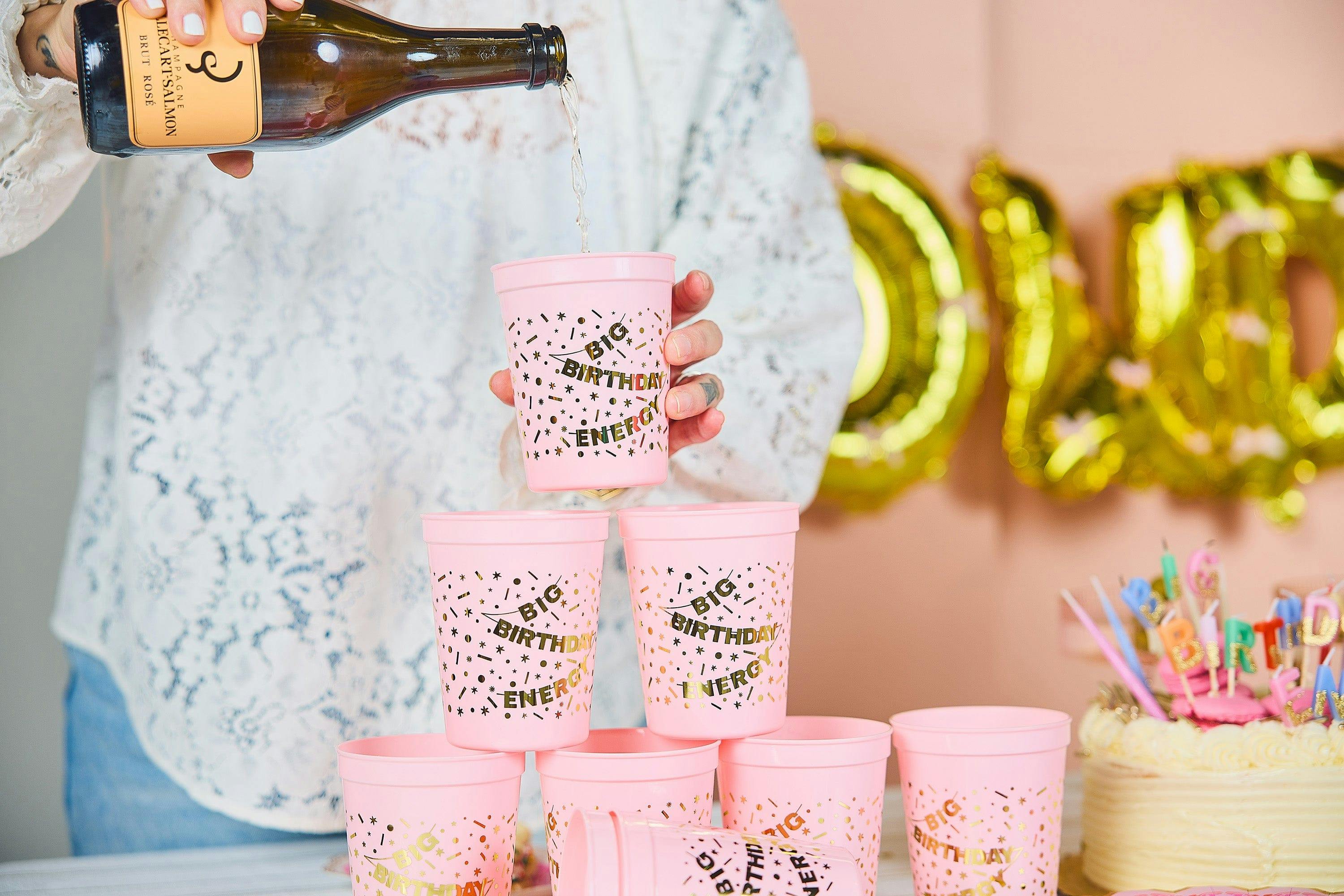 Packed Party Big Birthday Energy Reusable Cup Stack 8ct - 16 oz BPA-Free Pink Cups with Gold Foil