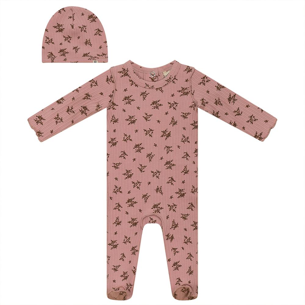 Flower Print Ribbed Snap Back Romper and Hat Two Piece Set