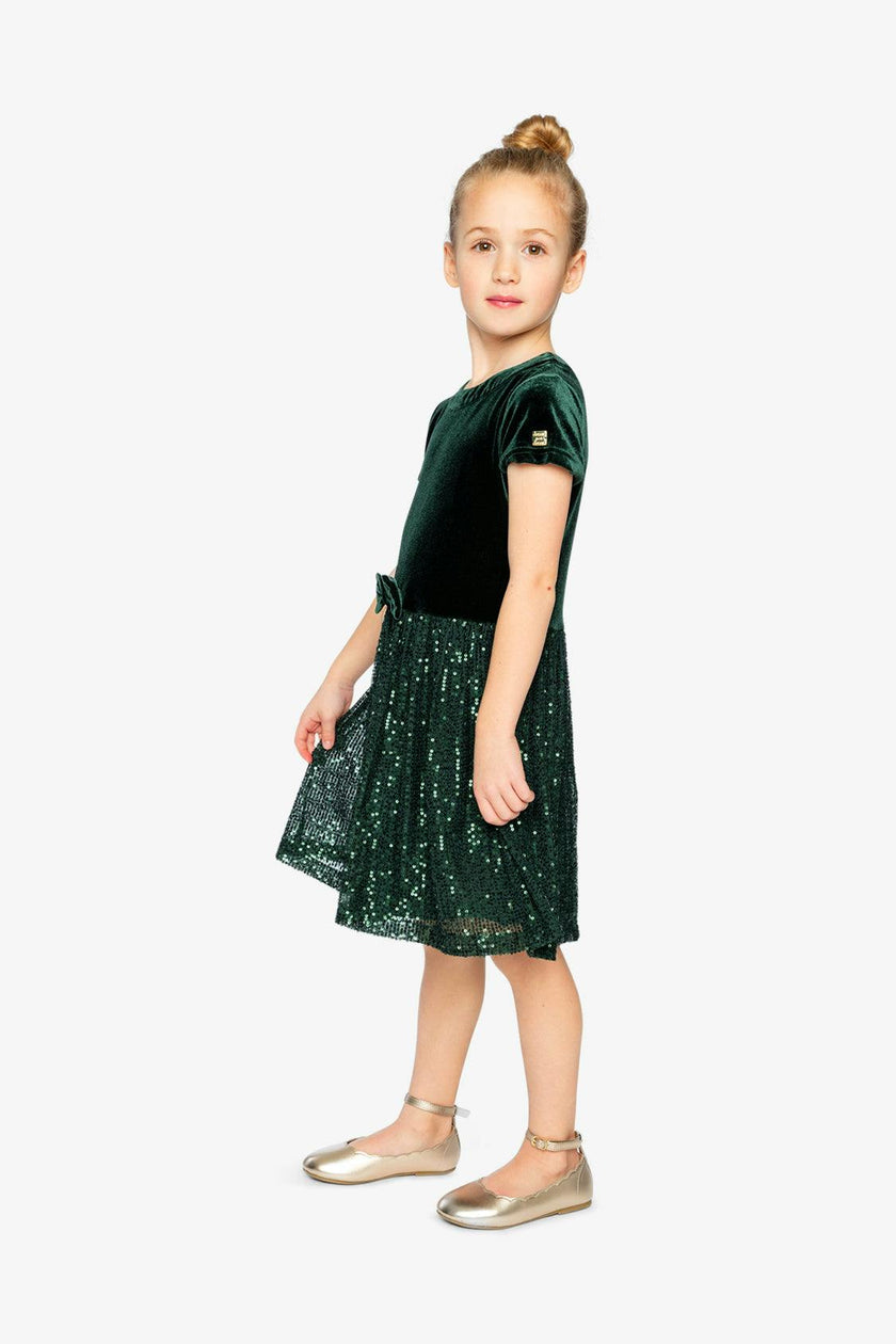 Bi-Material Short Sleeve Dress With Glittering Skirt Green Forest
