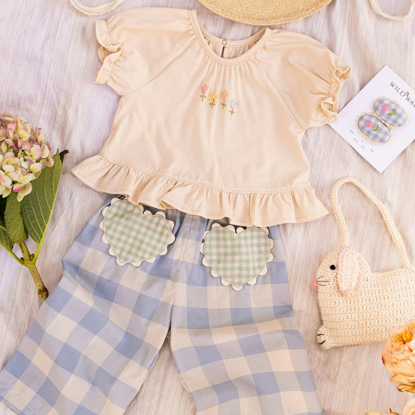 Heart Pocket Pant Set in Blue Gingham