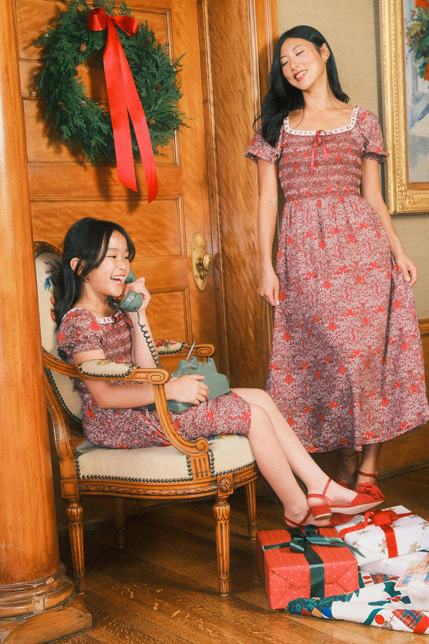 Mini Sunday Best Dress in Garnet Ribboned Garden