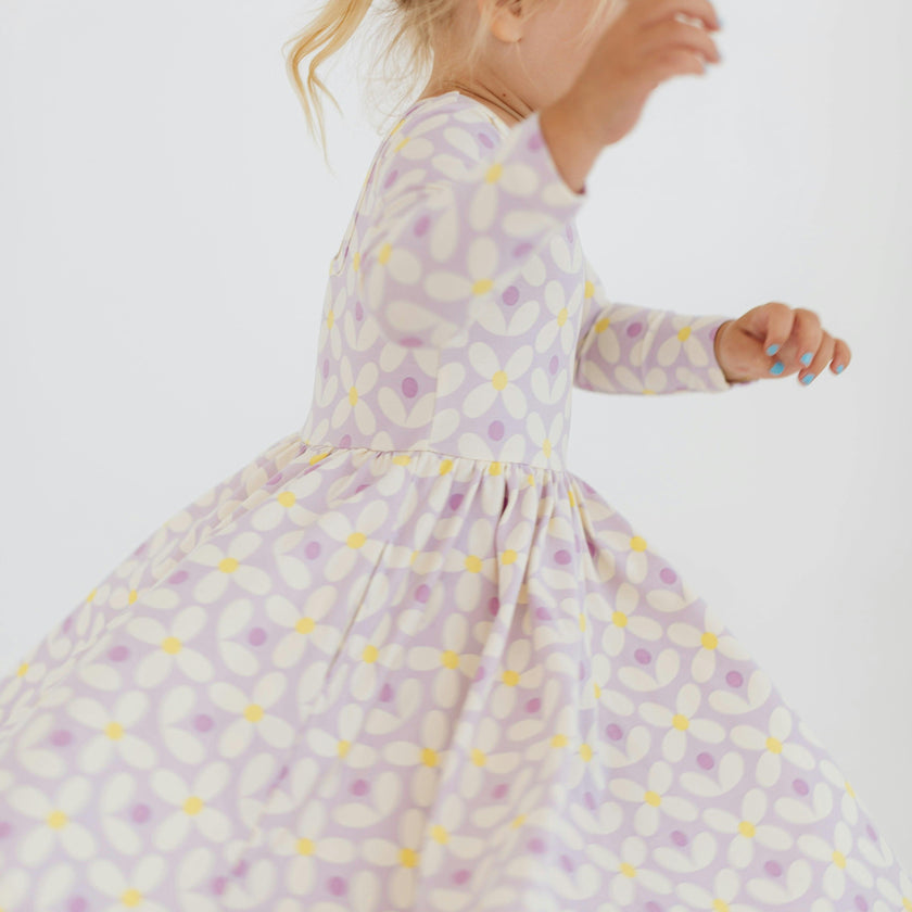 3/4 Sleeve Twirl Dress in Pale Purple Petals