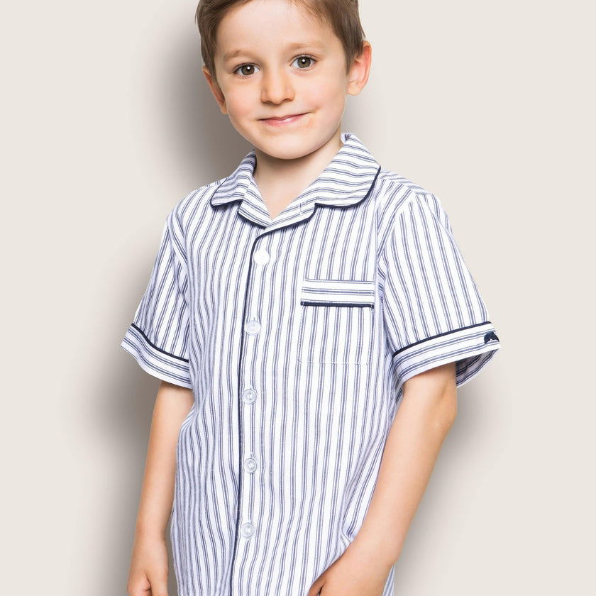 Kid's Twill Pajama Short Set in Navy French Ticking