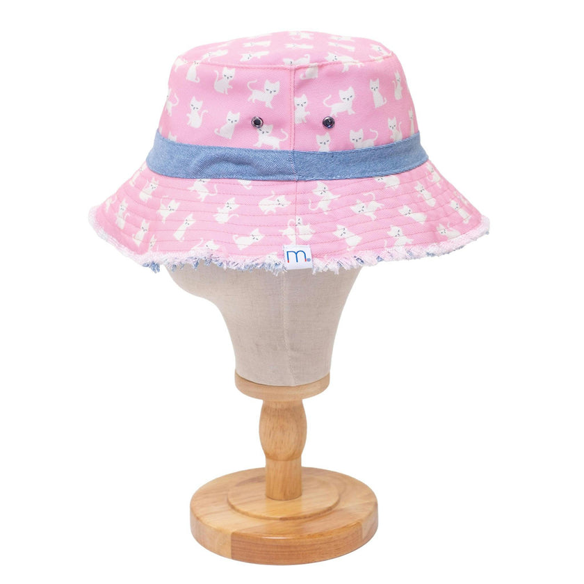 Reversible Kids Denim Bucket Hat – Embroidered Kittens & Pink Canvas Print | Frayed Brim