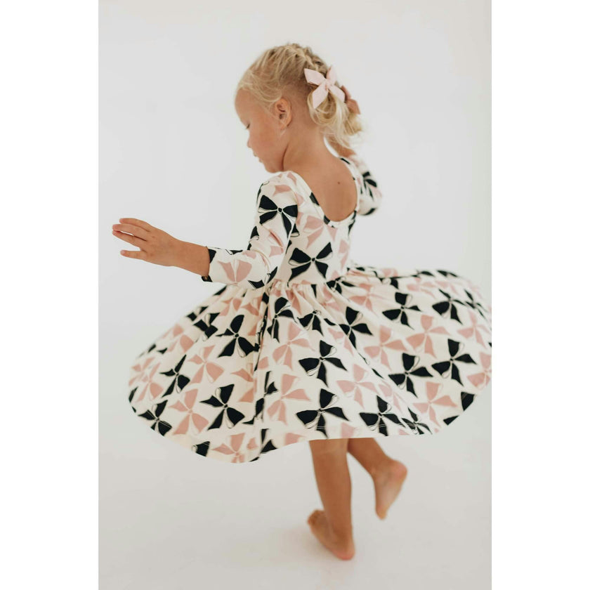3/4 Sleeve Twirl Dress in Vintage Pink and Black Bows