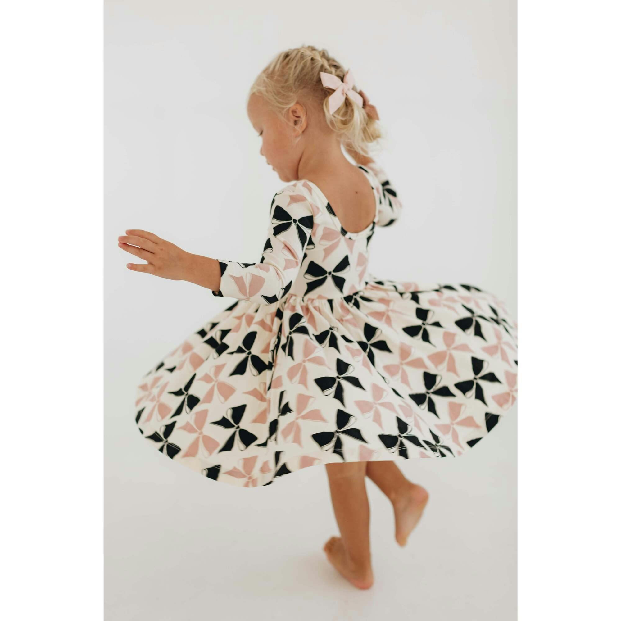3/4 Sleeve Twirl Dress in Vintage Pink and Black Bows