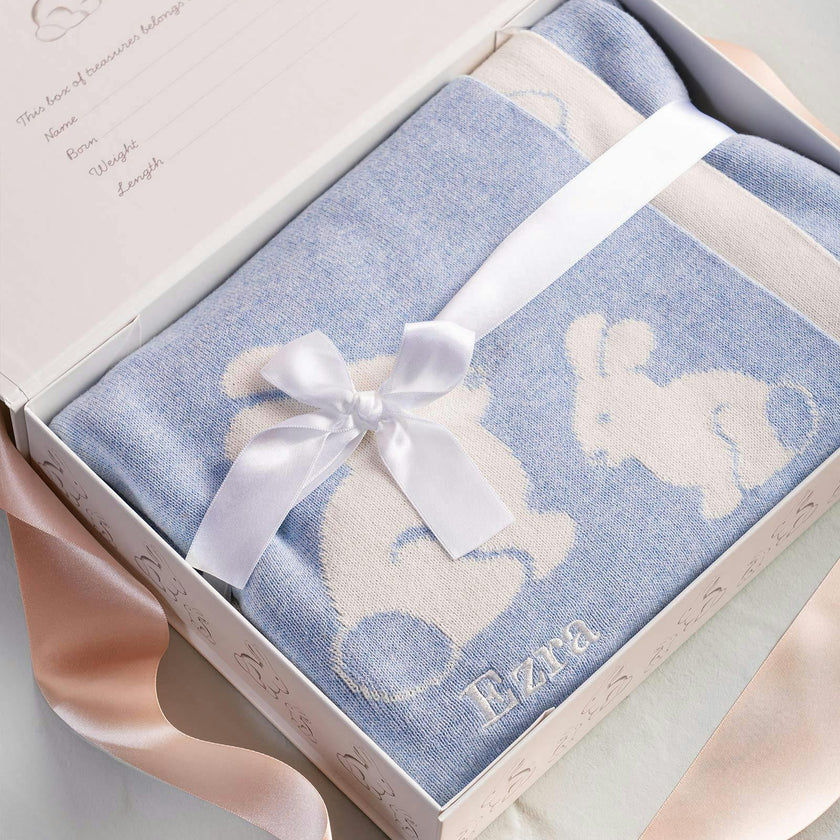 Knitted Bunny Blanket in Pale Blue