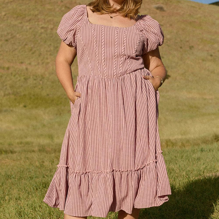 Monica Dress in Pink & Brown Gingham