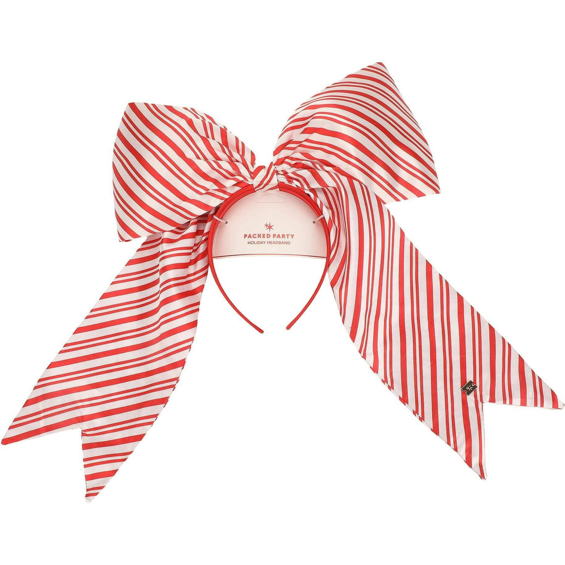 Packed Party Sweetheart Striped Jumbo Bow Headband - Red and White Striped Oversized Satin Bow Headband for Holiday Parties and Festive Photo Ops, One Size