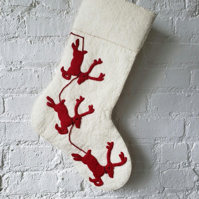 Handmade Christmas Stocking Cream Reindeer Red Arcadia Home