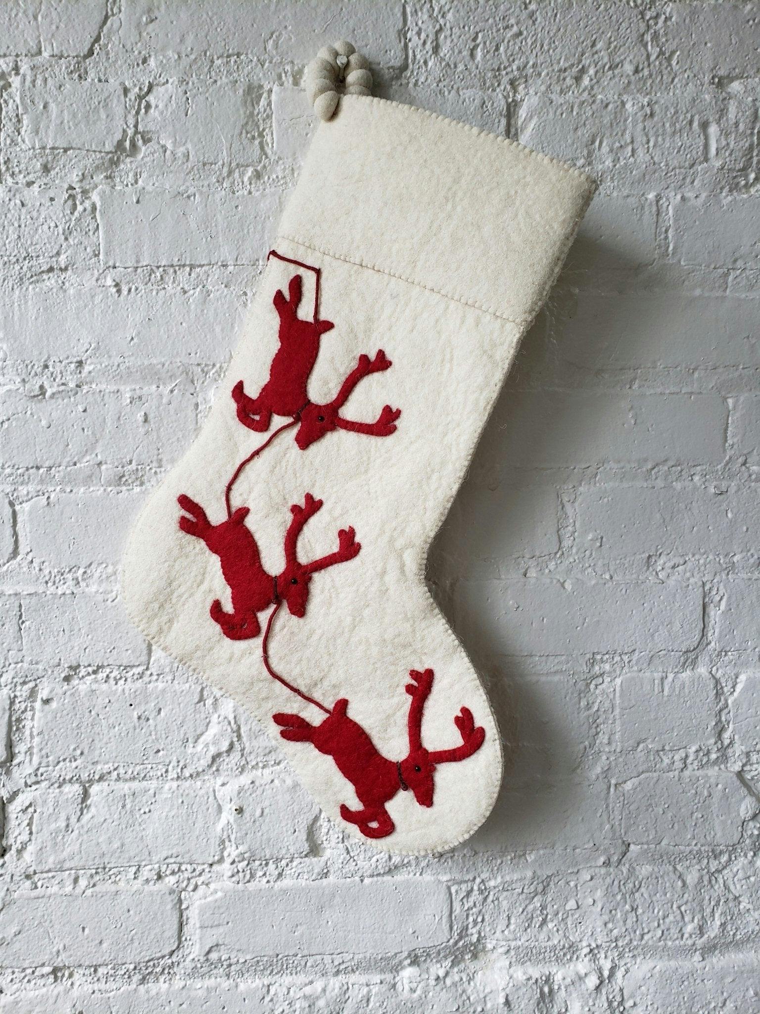 Handmade Christmas Stocking Cream Reindeer Red Arcadia Home
