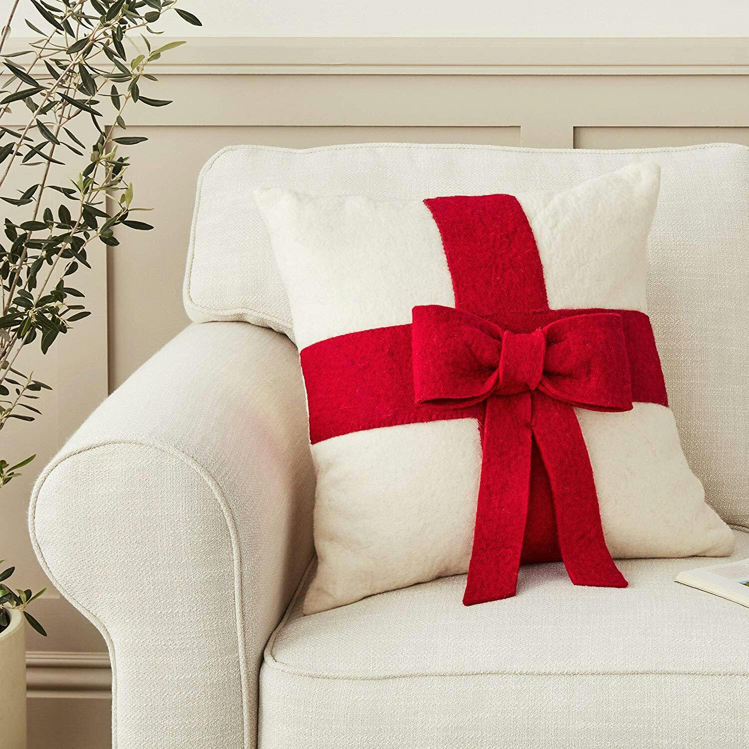 Red Bow Cream - Christmas Pillow Cover Hand Felted Wool - 20