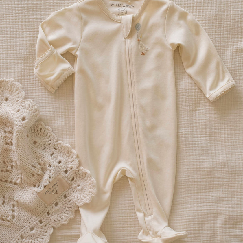 Pima Embroidered Footie in Goose