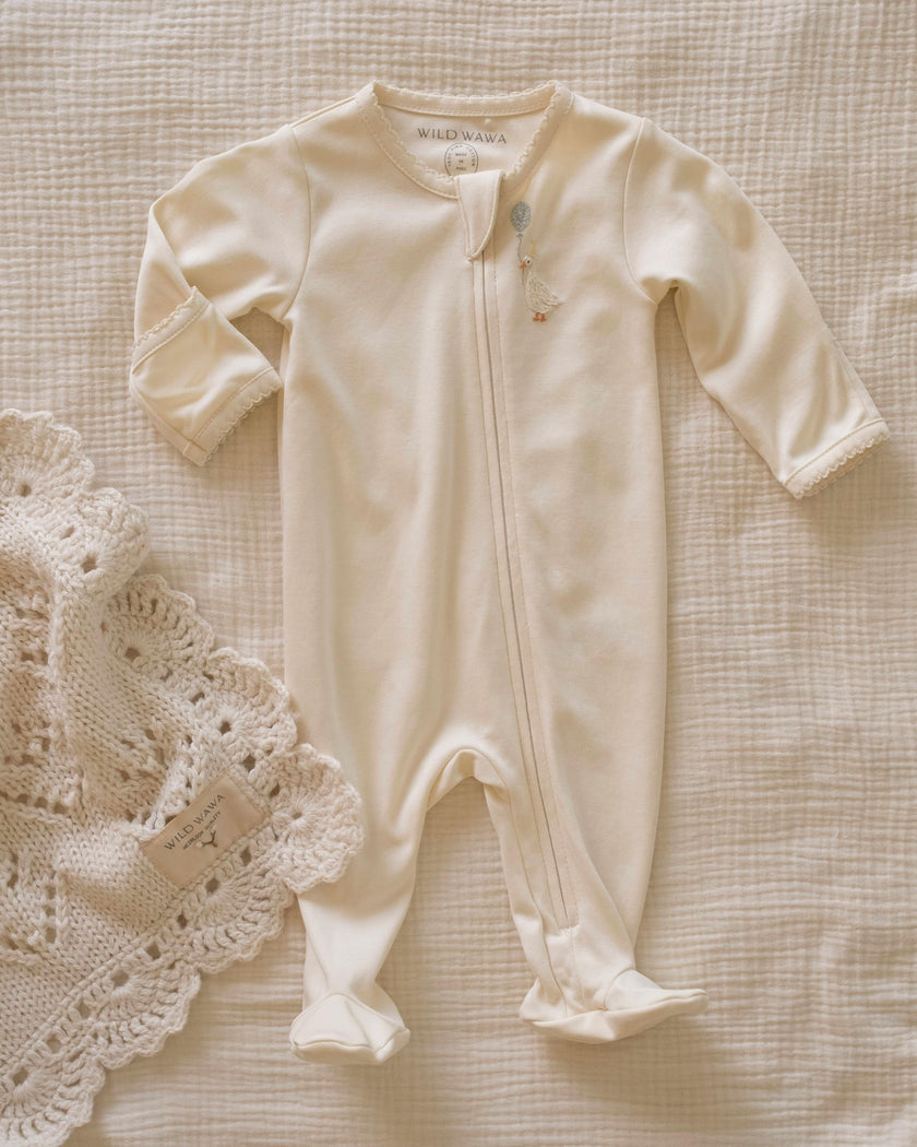 Pima Embroidered Footie in Goose