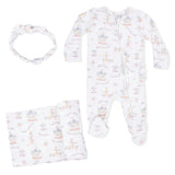 Carousel with Bows - 2 Way Ruffle Back Zipper Footie, Headband, & Swaddle Blanket Set