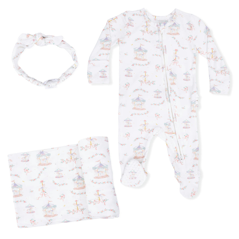 Carousel with Bows - 2 Way Ruffle Back Zipper Footie, Headband, & Swaddle Blanket Set