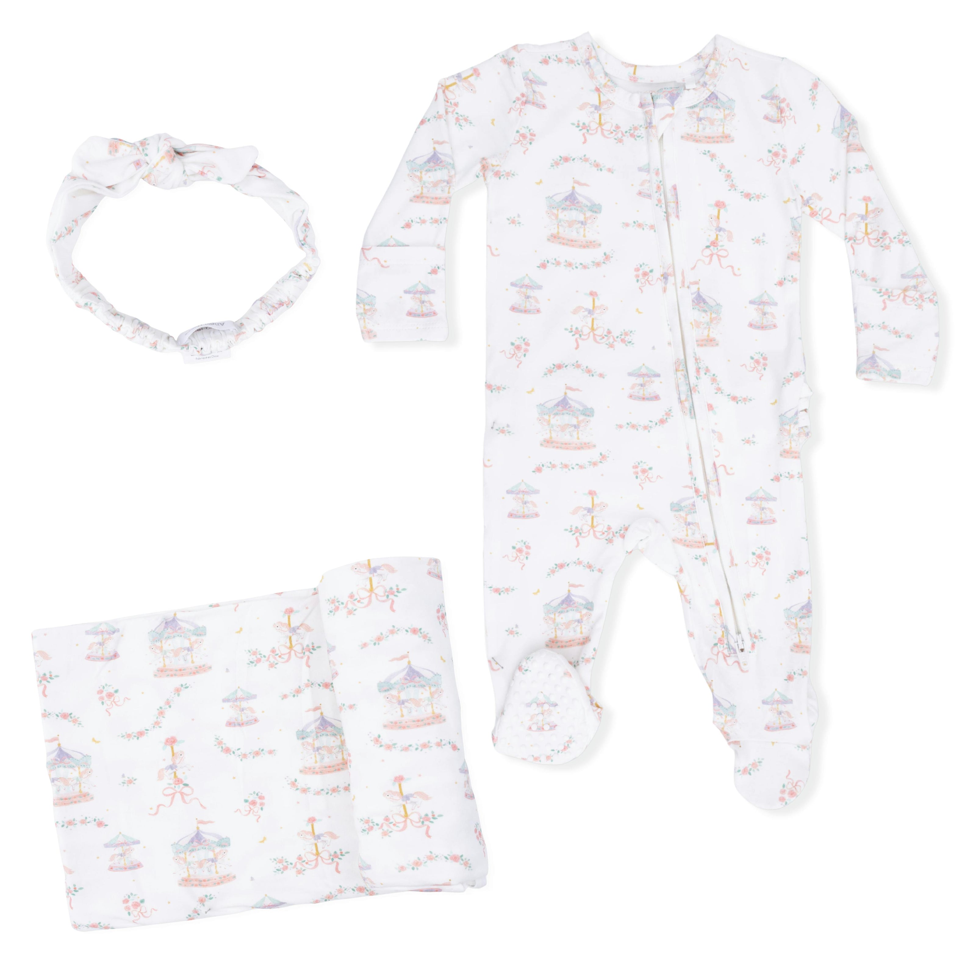 Carousel with Bows - 2 Way Ruffle Back Zipper Footie, Headband, & Swaddle Blanket Set