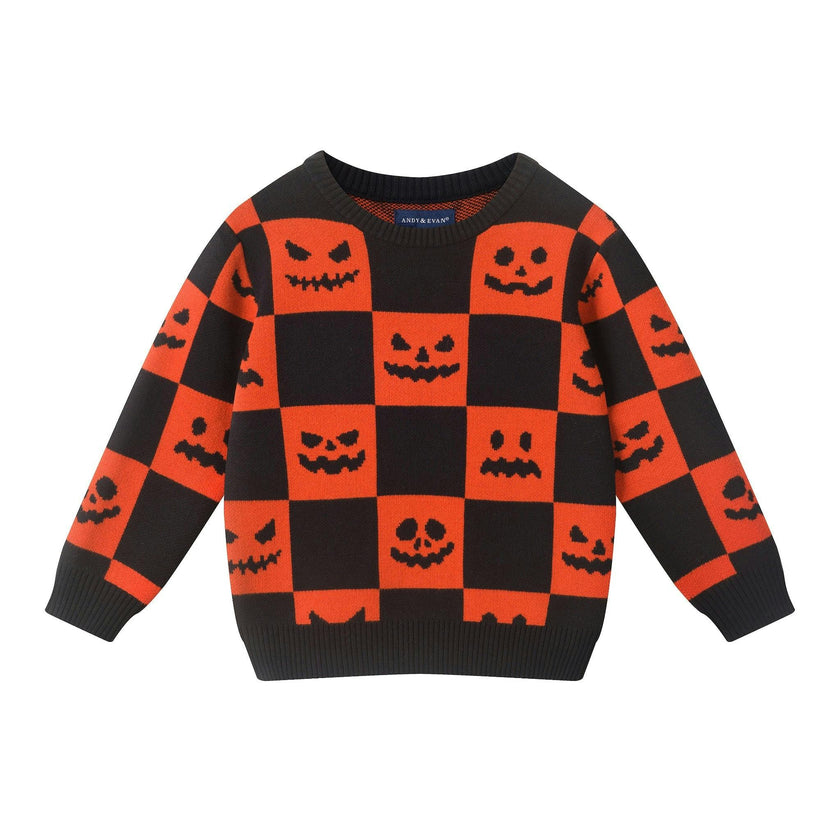 Boys Checkerboard Sweater | Jack-O'-Lanterns - Black & Orange