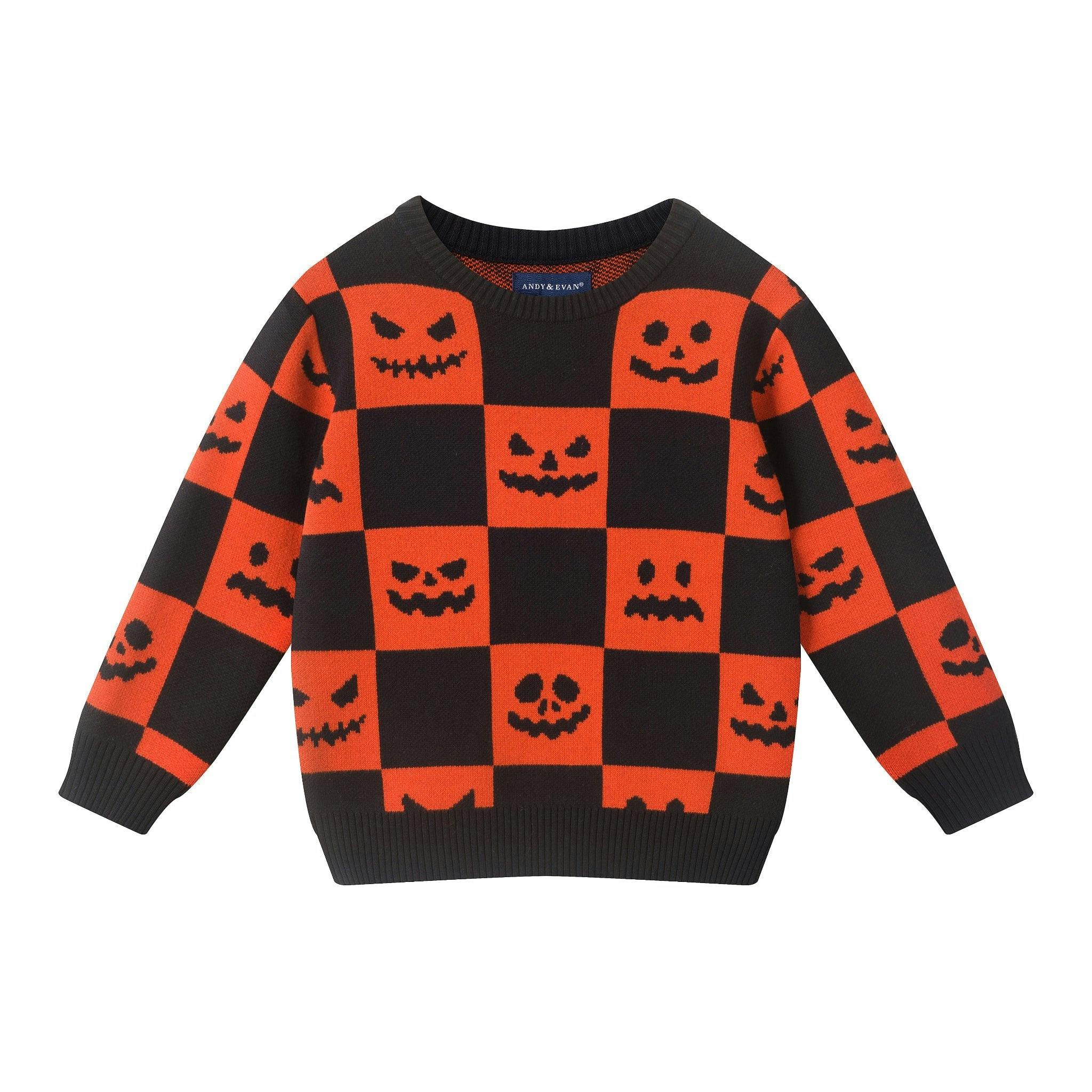 Boys Checkerboard Sweater | Jack-O'-Lanterns - Black & Orange