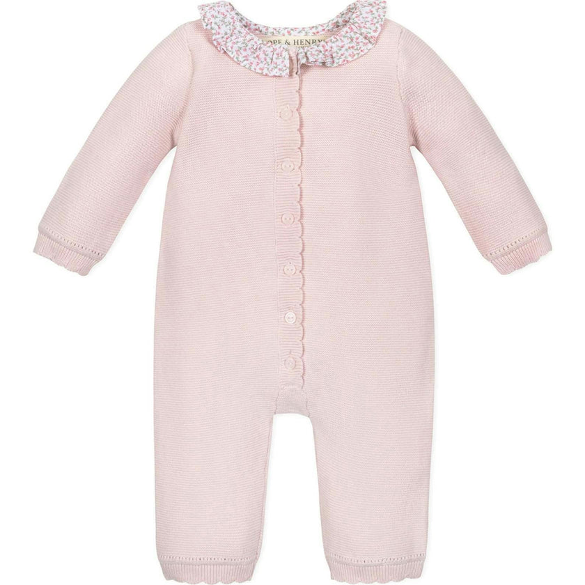 Organic Ruffle Collar Button Front Sweater Romper, Pink