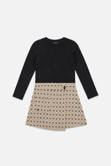 Bi-Material Dress Black And Beige Bow Tie Print
