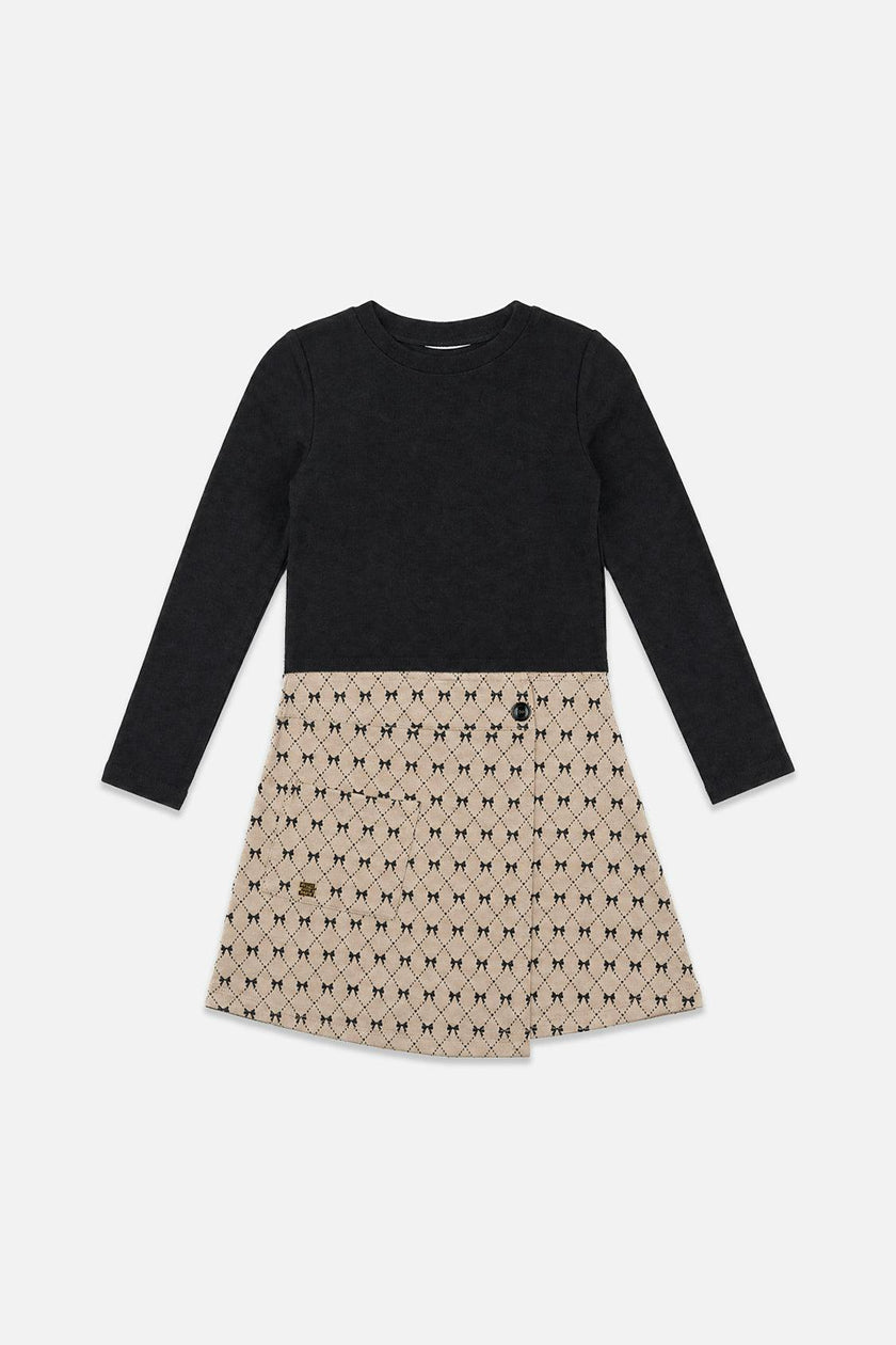 Bi-Material Dress Black And Beige Bow Tie Print