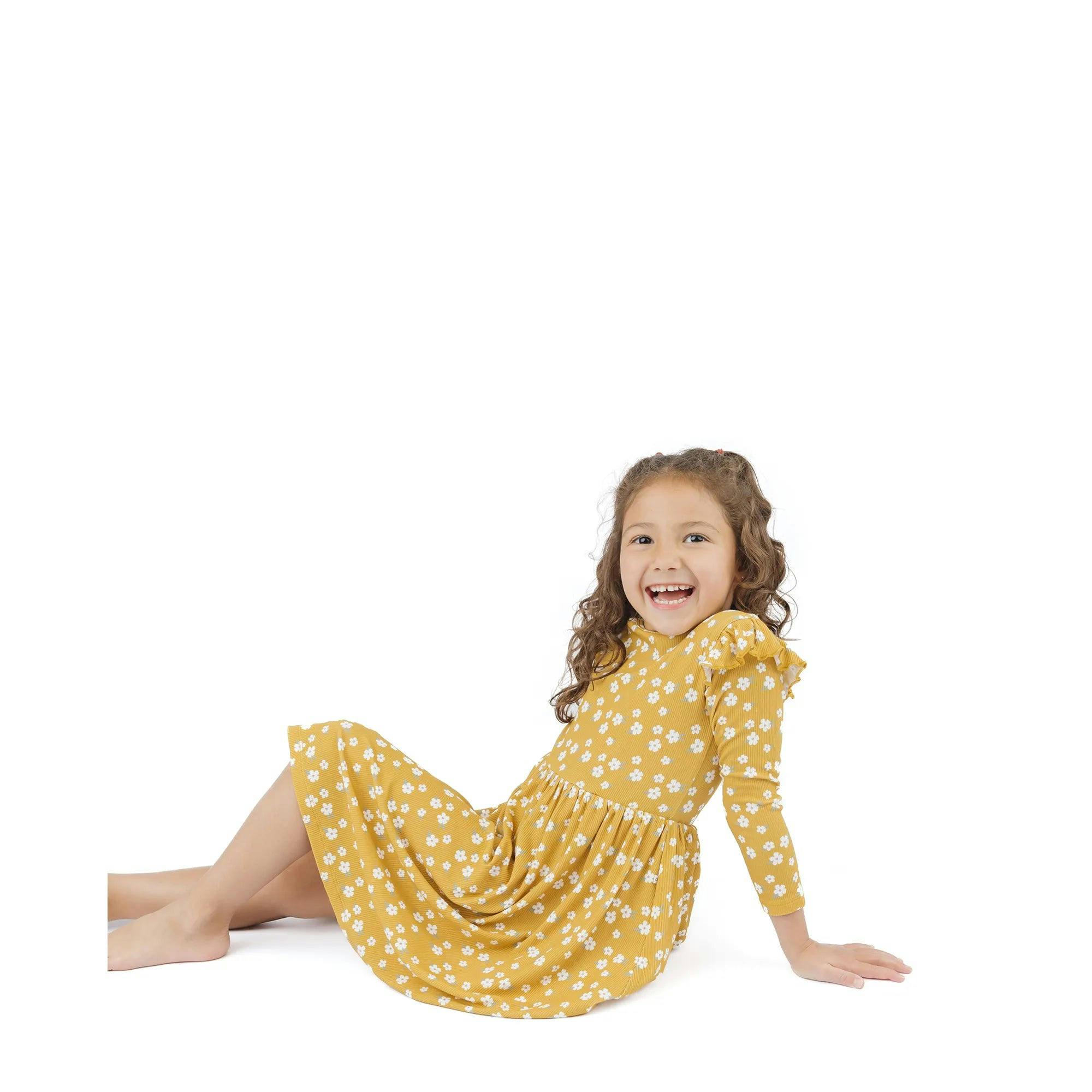 Golden Blooms Long Sleeve Ribbed Bamboo Twirl Dress