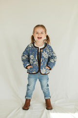 Reversible Solid Brown Corduroy and Grey Floral Print Quilted Long Sleeve Jacket