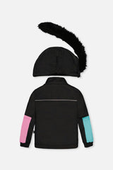 Two Piece Play Snowsuit Black, Blue And Pink Colorblock With Heart Print Pants