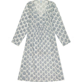 Women's Leaf Block Print V-Neck Fit-N-Flare Long Sleeve Caftan  Dress, Navy