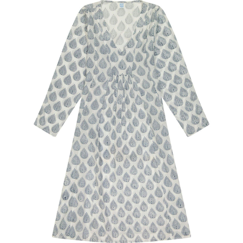 Women's Leaf Block Print V-Neck Fit-N-Flare Long Sleeve Caftan  Dress, Navy