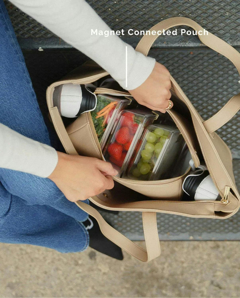 Vegan Leather Work Tote Bag with Removable Insulated Pouch, Cream